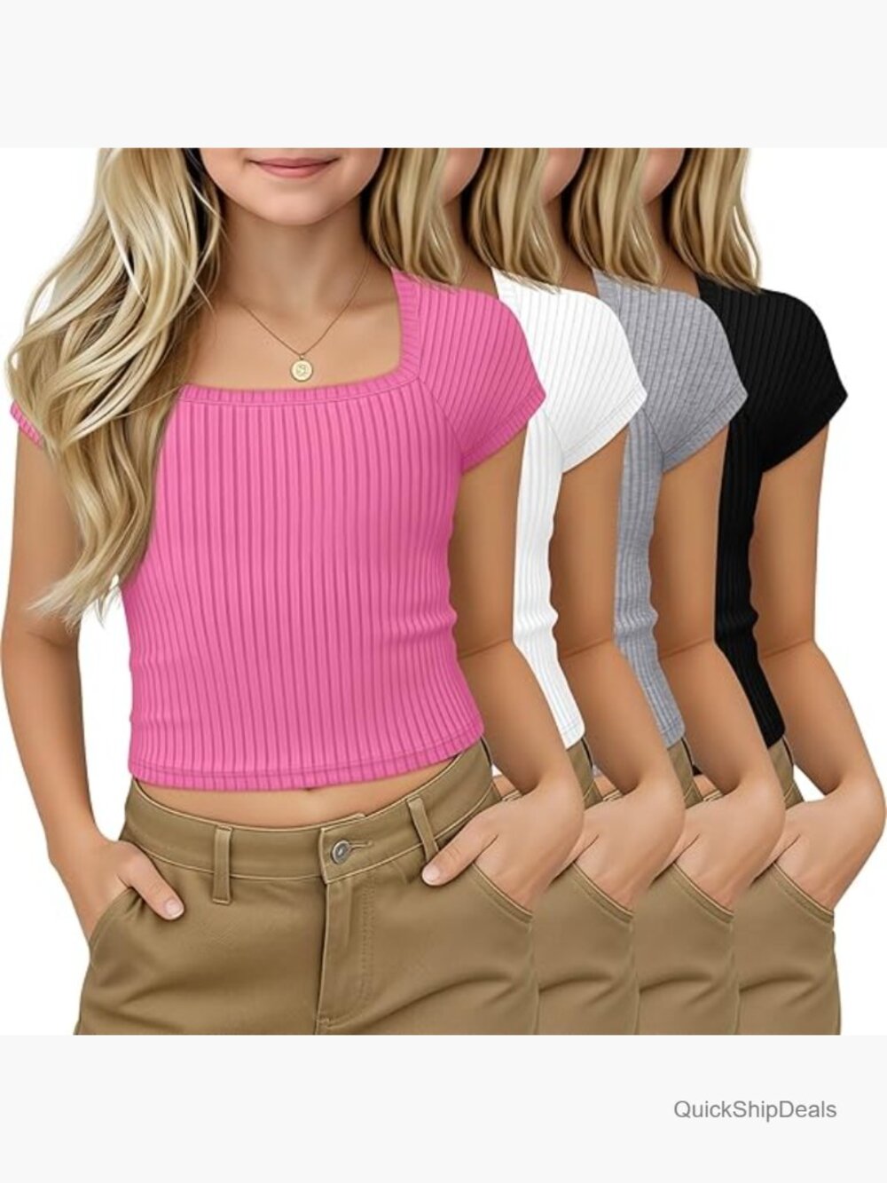 Girls Ribbed Knit Crop Tops Square Neck Short Sleeve Tees 4 Pack
